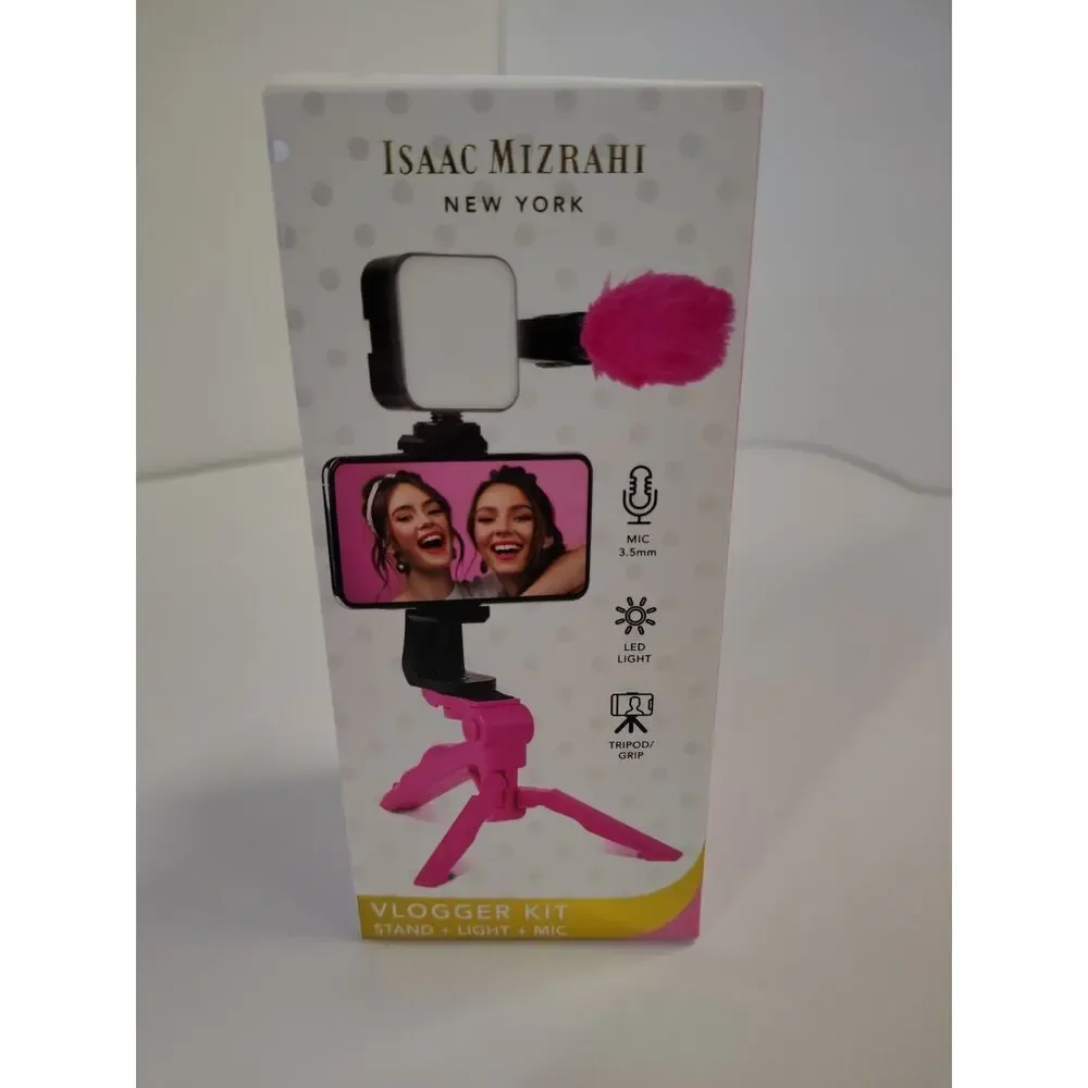 Isaac Mizrahi Vlogger Kit NEW Stand Light Mic Tripod Grip LED Pink